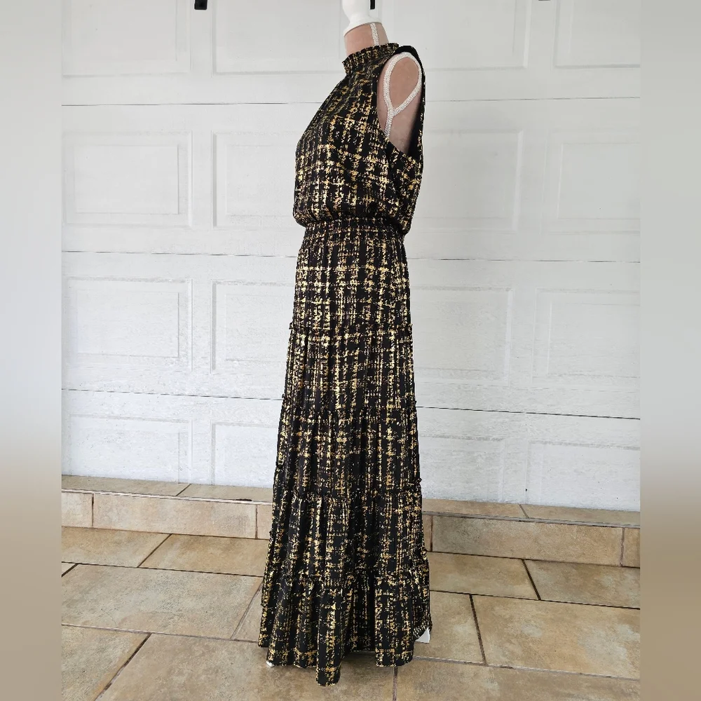 MSK XL Metallic Gold Black Maxi Dress | Boho Glam Tiered Skirt | Holiday Party